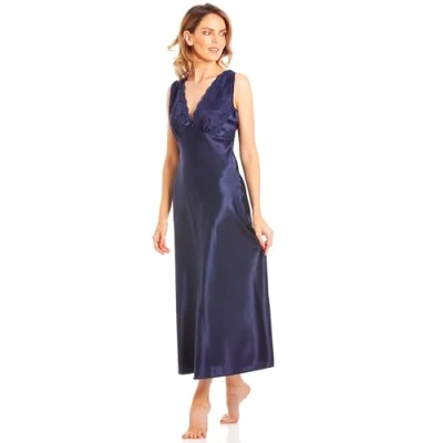 Image of undercover lingerie Womens Satin &amp; Deep Lace Long Chemise Nightdress With Build Up Shoulder N52 Navy XXOS 26 28