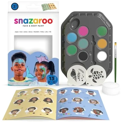 Image of Snazaroo Aqua Face Painting Palette Kit for Kids &amp; Adults, 8 Colours, 13pcs, Stencils, Brush, Sponge, Guide, Water Based, Easily Washable, Non Toxic, Makeup, Body Parties