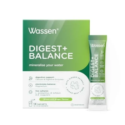 Image of Wassen Digest + Balance Digestive Enzyme Supplements 14 Lemon &amp; Ginger Sachets Magnesium Powder Electrolyte Calcium Helps With Normal Function Of Enzymes Gut Health