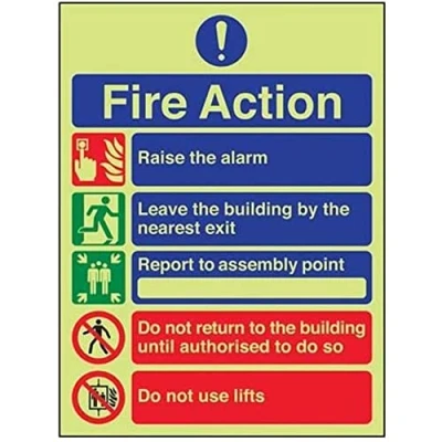 Image of V Safety Glow In The Dark 5 Message Fire Action Notice Sign 200mm x 300mm Self Adhesive Vinyl