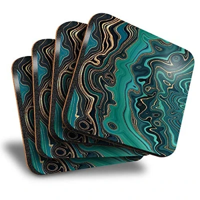 Image of Destination Vinyl ltd Great Coasters (Set of 4) Square Teal Aqua Marble Effect Ink Art Drink Glossy Coasters/Tabletop Protection for Any Table Type #21845