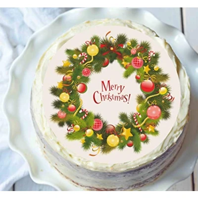 Image of Christmas Cake Topper 8 Inch (20cm) Merry Xmas Wreath Decoration Edible Icing or Wafer (Edible Wafer)