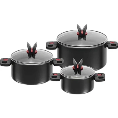 Image of BALLARINI Pot Set, 3 Piece, incl. glass lids, non stick coating, aluminum / plastic handles, Click &amp; Cook, Black