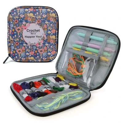 Image of Crochet Hooks Case, Embroidery Tool Storage Bag Crocheting Tools with Web Pockets for Hook Kit Knitting Accessories Portable Craft Zipper Organizer