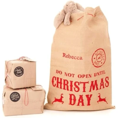 Image of Hoolaroo Personalised Christmas Sack Gift Bag Present Santa Mail Xmas Hessian Jute Real Large