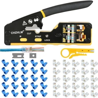 Image of RJ45 Crimp Tool Kit All in one Ethernet Crimping Pass Through Crimper for 8P Cat5 Cat5e Cat6 Cat6a 6P RJ11/12 Telephone Connectors with 50Pcs Covers Mini Yellow Stripper