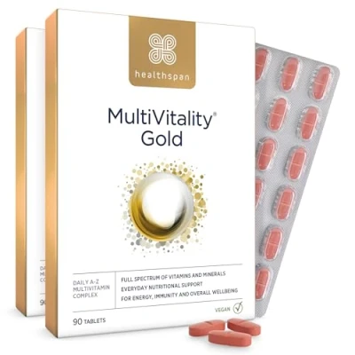 Image of Healthspan Multivitamin Gold A Z Formulation Wellbeing &amp; Immune Support Algal Source Vitamin D3 Vitamins A, B, C, D, E K Calcium, Iron, Magnesium, Selenium Zinc Vegan (180 Tablets)