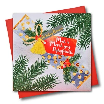 Image of Welsh Son &amp; Daughter in law Christmas Card, Nadolig Llawen, Tassel Embellished