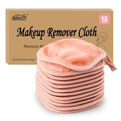 Image of HOMEXCEL Makeup Remover Cloth 12 Pack,Reusable Pads,Washable Ultra Soft Facial Cleansing Cloths For All Skin Types,12.7 X 12.7 cm,Pink