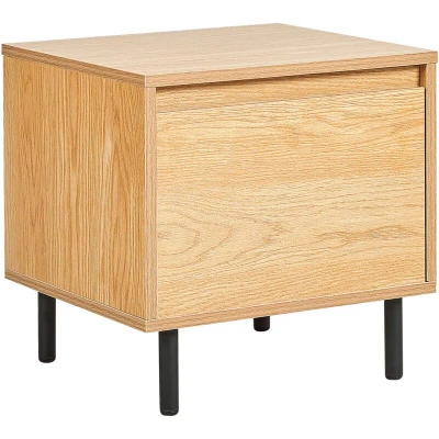 Image of Minimalistic Bedside Table Nightstand 1 Drawer Capacious Light Wood Finish Black Metal Legs Nikea