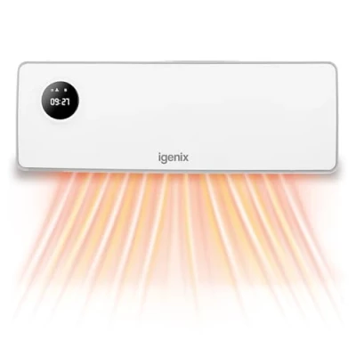 Image of Igenix IGHW020TDW Over Door Downflow Fan Heater, 2000W Wall Mounted Oscillating Air Curtain with Heater &amp; Cool Function, 24 Hour Timer, LED Display Remote Control, White
