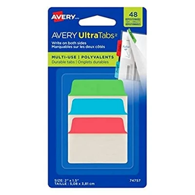 Image of Avery Ultra Tabs/Multi Purpose Tags, 48 Tabs per Pack, 50.8 mm, Green, Blue, Red