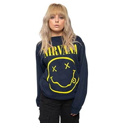 Image of Nirvana Sweatshirt Yellow Smiley Band Logo Official Unisex Navy Blue L