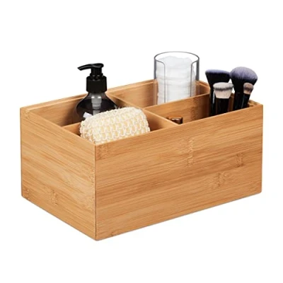 Image of Relaxdays Storage Box, 4 Compartments, Stackable, Dimensions H x W D: 14 30 20 cm, Bamboo, Natural, 100%
