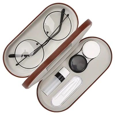 Image of MoKo Double Eyeglass Case, 2 in 1 Sided Portable Glasses Case Contact Lens with Mirror Eye Carrying Bag Anti Scratch Sunglasses Pouch Protective Eyewear for Men &amp; Women, Brown