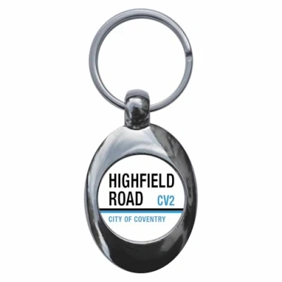 Image of Highfield Road City Of Coventry CV2 Sign Keyring Keychain Key Ring Chain With Trolley Coin