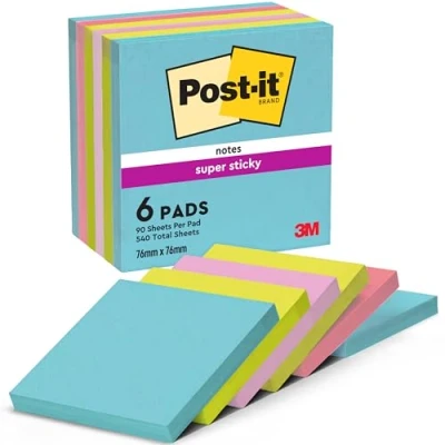 Image of Post it Super Sticky Notes, Double the Sticking Power, 6 Pads, 540 Sheets, 76 mm x mm, Yellow, Blue, Green, Pink, Orange Colors Self Notes for Walls, Monitors and Fridge