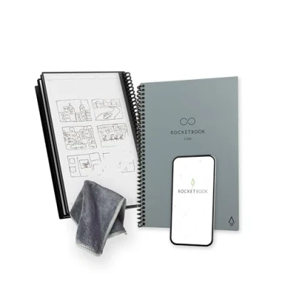 Image of Rocketbook Core Reusable Spiral Notebook, Executive Size 15 cm x 22.4 cm, Grey Dotted Pages, App Connected, Erasable, Durable Cover, Ideal for School, Work, and Creative Projects