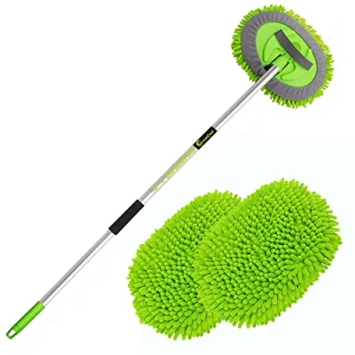 Image of GreatCool 62&quot; Car Wash Brush Kit With Super Long Handle, 2 in 1 Chenille Microfiber Mop Cleaning Mitt Suitable for Washing Cars Truck SUV RV Caravans and Household, Scratch Free(2 x Head)