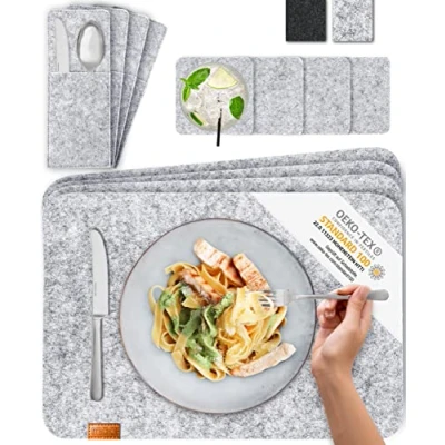 Image of MIQIO® Scandi Style Felt Place Mats with real Leather Label Washable Set of 4 Placemats 44x30 cm, Cuttlery Bags, Glass Coasters Table for Easter Decoration Light Grey