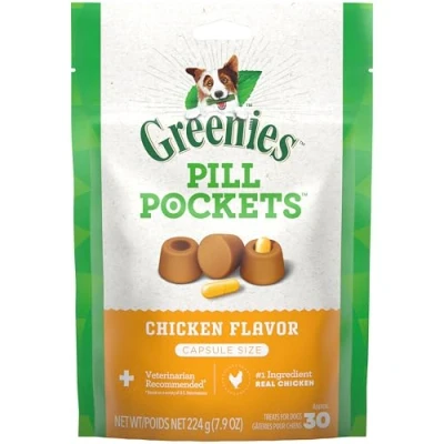 Image of Greenies PILL POCKETS for Dogs Capsule Size Natural Soft Dog Treats, Chicken Flavor, 7.9 oz. Pack (30 Treats)