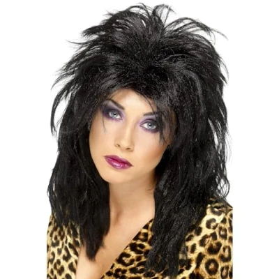 Image of Smiffys 80s Popstar Wig, Black Long Tousled Mullet, 1980&#039;s Fancy Dress, 1980s Dress Up Wigs