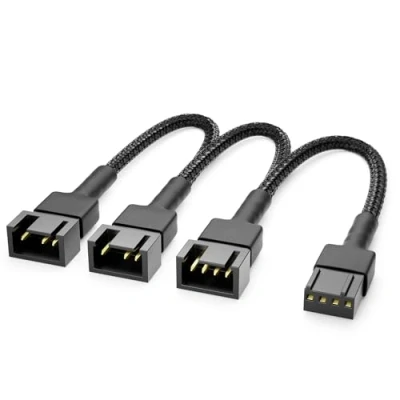 Image of deleyCON 20 cm 4 Pin PWM Fan Distribution Cable with Nylon Sheath 1x to 3x Male Extension Splitter Regulating for PC Computer Black