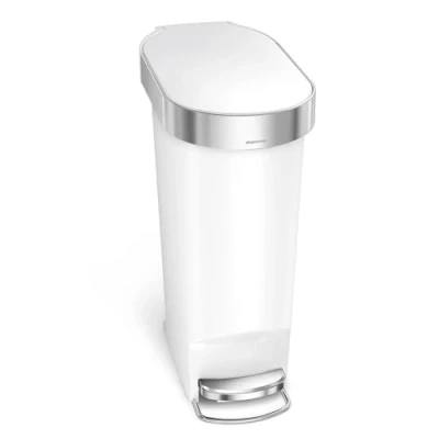 Image of simplehuman 40L Slim Kitchen Pedal Bin with Liner Rim, Silent Soft Close Lid, White Plastic, W 51.30cm x H 61.50cm D 26.00cm