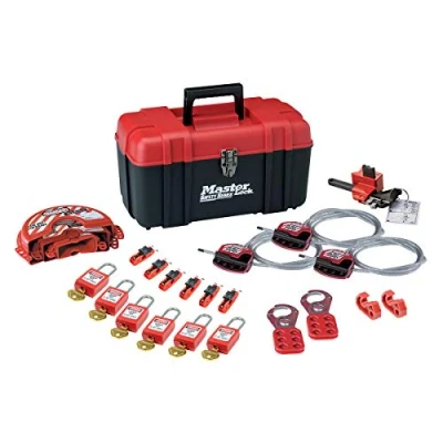 Image of Master Lock S1117VES31KA Lockout Tagout Kit for Electrical Including 6 Thermoplastic Padlocks, 3 Cables, 2 Hasps, Valve Devices, 8 Circuit Breakers