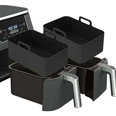 Image of 2Pcs Silicone Pot for Ninjas Dual Air Fryer, Reusable Fryer Liner, Double Basket, Rack Accessories BPA Free Oven, Microwave(Black)