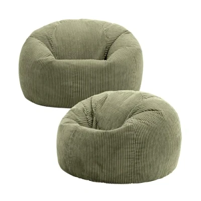 Image of icon Kingston Large Bean Bag, Set of 2, Jumbo Cord Sage Green, Bag Chair for Adults with Filling Included, Comfortable Lounging All Ages