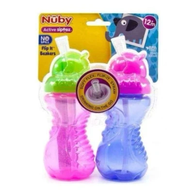 Image of Nuby Flip It Beakers Active Sipeez No Spill Soft Silicon Spout Straw 300ml 12m+