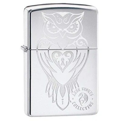 Image of Zippo Unisex&#039;s Anne Stokes Heart Locket Pocket Lighter, High Polish Chrome Owl, One size