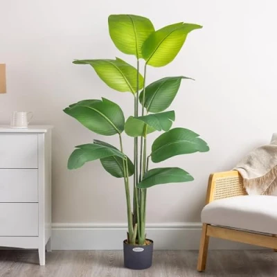 Image of CHRISTOW Artificial Banana Tree, Indoor Outdoor House Plant Decoration, Lifelike Feel Real PEVA Leaves, Pre Potted in Weighted Faux Cement Pot with Moss, For Living Room Bedroom Office (5ft/150cm)