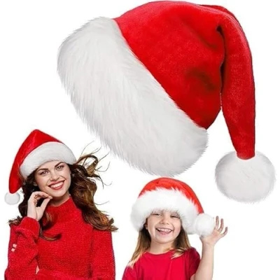Image of DEEPMARK Santa Hat, Christmas Hat Holiday for Unisex Adults, Velvet Comfort Extra Thicken Xmas New Year Festive Party Supplies, Classic Fur Pom Plush Claus