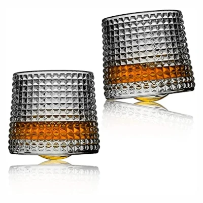 Image of Earnmore Whiskey Glasses Rotatable Decompression Old Fashioned Set of 2 Bar Style Glassware for Bourbon Scotch Rum (Checkered) (5 oz)