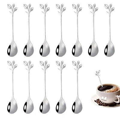Image of 12 Piece Coffee Spoons, Stainless Steel Leaf Spoon, Shape Handle Teaspoon, Teaspoon Cutlery Set for Cocktail Cutlery, Party, Coffee, Tea, Milk