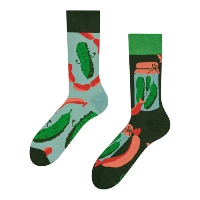Image of Dedoles Unisex Socks for Women, Men &amp; Kids Cotton Funny Designs Football Bicycle Horses Plants Firefighter Gift Mismatched, Design: Pickles and Sausages, Colour: Green, Size: 8 9.5 W / 9 11 M UK