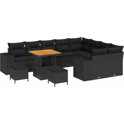 Image of vidaXL 12 Piece Garden Sofa Set with Cushions Black Poly Rattan Acacia