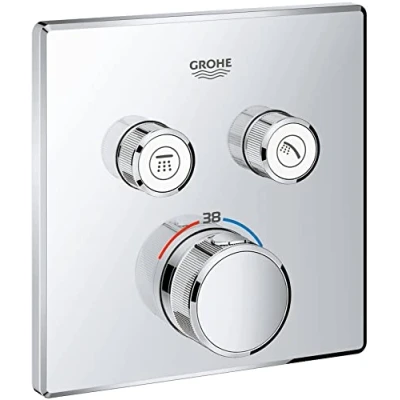 Image of GROHE Grohtherm SmartControl Concealed Square Thermostat for Shower or Bath (2 Valves, Push ON OFF, Turn Volume Adjustment, Safety Button at 38C, Requests Rapido SmartBox), Chrome, 29124000