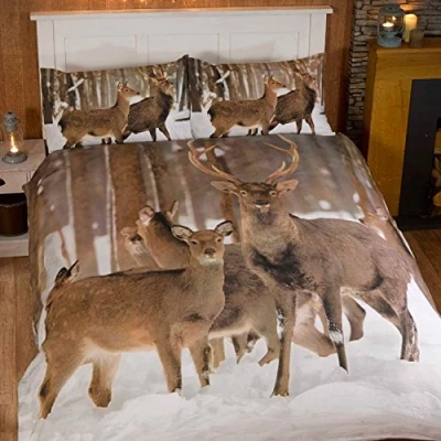 Image of Stag Photographic Animals Quilt Duvet Cover and 2 Pillowcase Bedding Bed Set, Multi Colour, Double