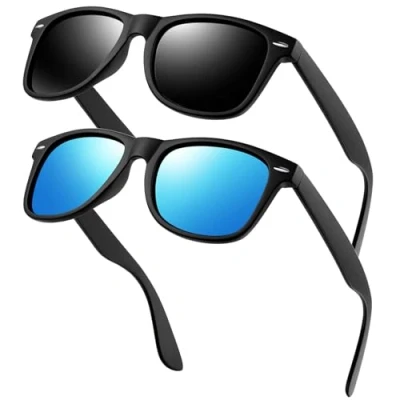 Image of KANASTAL 2 Pack Blue Polarised Sunglasses Mens Womens Vintage Classic UV400 Protection Sun Glasses Driving Fishing Running Sailing Matte Black + Mirrored