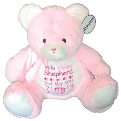 Image of Personalised Teddy Bear Pink Customisable Baby Gift, New Newborn Boy, Girl, Nursery Bear, Keepsake, Christening Gift