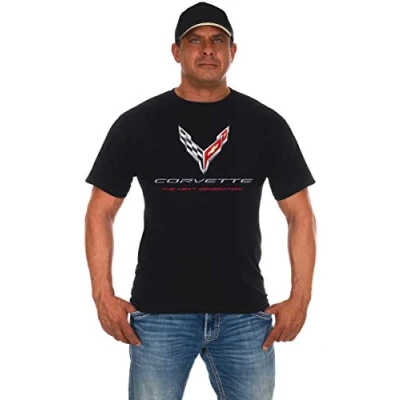 Image of JH DESIGN GROUP Mens Chevy Corvette T Shirt C8 Logo The Next Generation Black Crew Neck Large