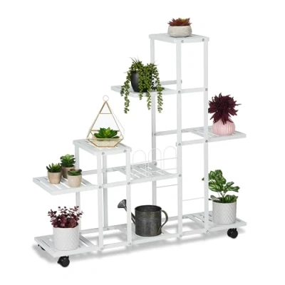 Image of Relaxdays Flower Stand on Wheels, HxWxD: 91.5 x 93 26 cm, Metal, 9 Tiered Shelves, Indoor Plant Pot Display, White, Steel