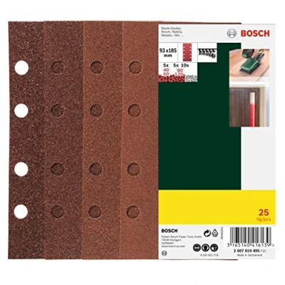 Image of Bosch 25 Piece Sanding Sheet Set (Different Materials, Grit Size 40/60/80/120, 8 Holes, Accessories for orBital Sander)