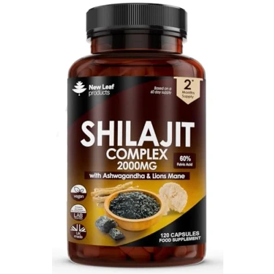 Image of Shilajit Complex Himilayan enriched with Ashwagandha &amp; Lions Mane, High Strength 2000mg Capsules 60% Fulvic Acid 2 Months Supply Made in The UK by New Leaf