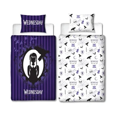 Image of Character World Wednesday Official Single Duvet Cover Set Destined Design Reversible 2 Sided Bedding Including Matching Pillow Case Bed Purple Polycotton