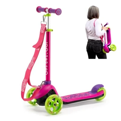 Image of Trunki Folding 3 Wheel Kids Scooter for Girls with Tow and Carry Strap Storage bag Adjustable Handle Bar Height Small Pink Ages 2 6 (56x28x63 78cm)