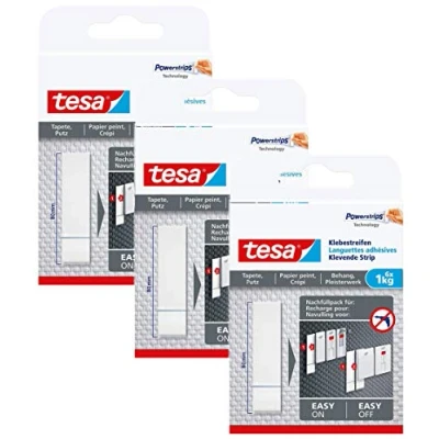 Image of tesa Adhesive strips for attaching to wallpaper and plaster, 1 kg holding capacity, pack of 3